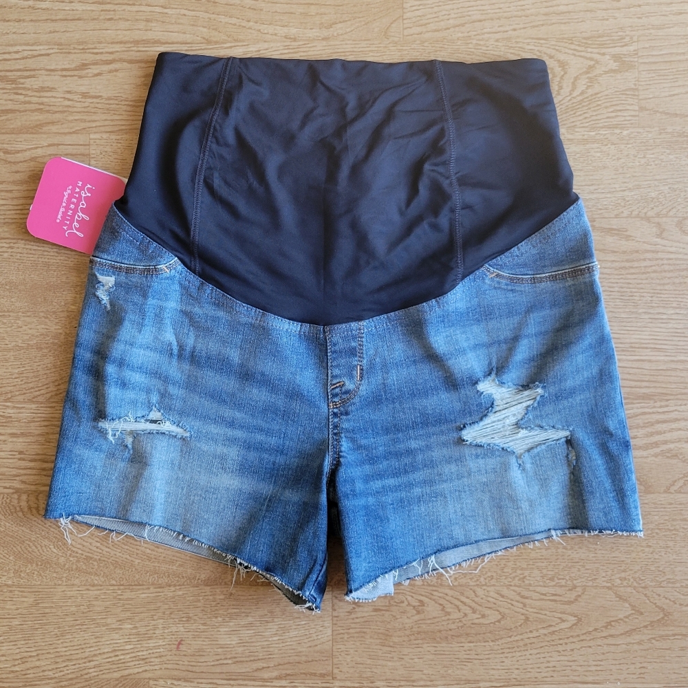 Isabel Maternity Over the Belly Distressed Midi Jean Shorts 12/31